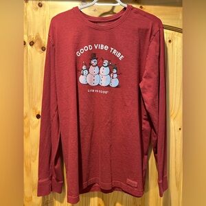 Life Is Good Red Snowman Long Sleeve Christmas Tee